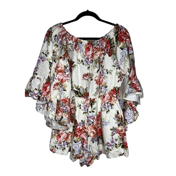 LPA Romper Size Medium Women's Linen Blend Bell Sleeve Short Floral Romper Ivory - Picture 3 of 7